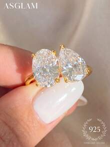 1 chiếc nhẫn bạc 925 mạ vàng và đính đá Cubic Zirconia trắng, thanh lịch và thời trang, thích hợp làm quà tặng kỷ niệm/sinh nhật. - Vàng - Xem 4