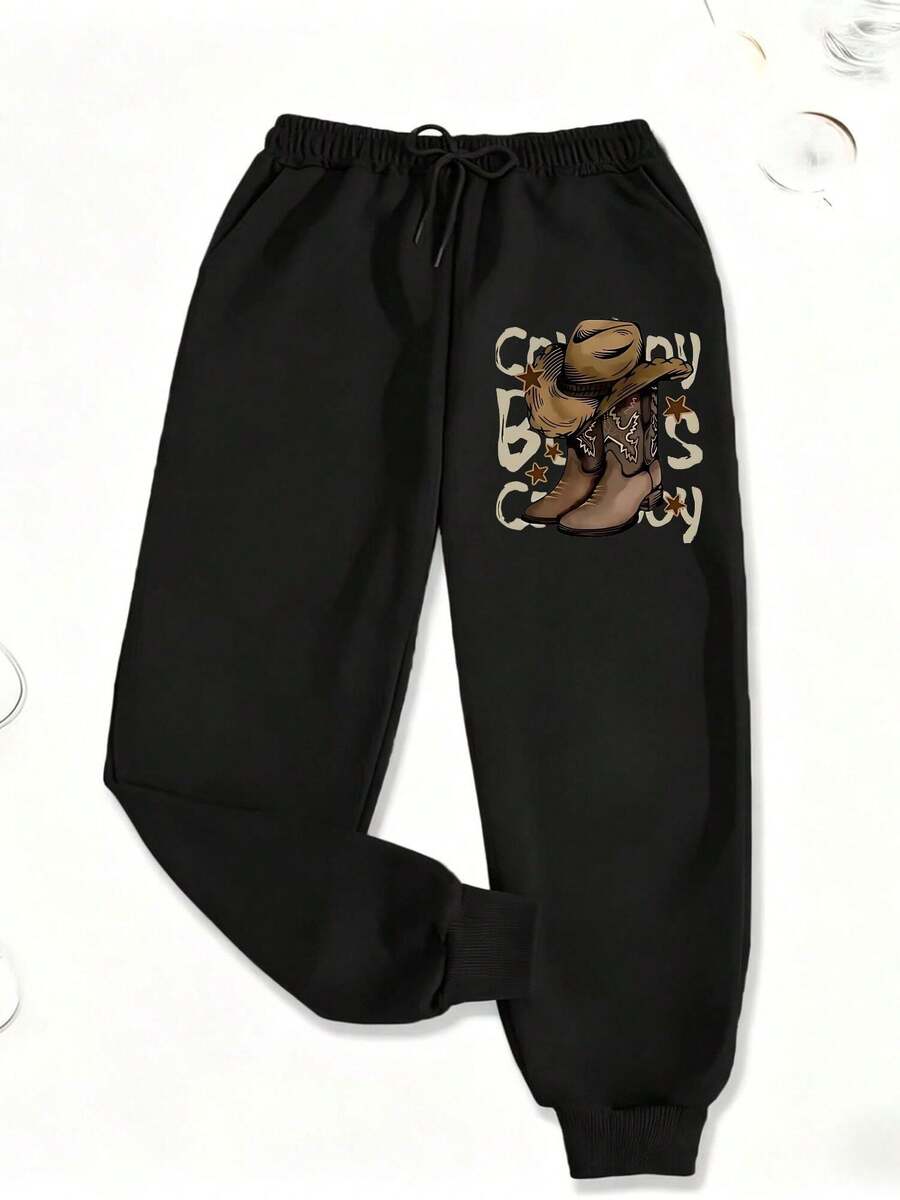 Women'S Western Style Boots & Cowboy Hat & Letter Graphic Sweatpants, 2026 New Summer Promotion, Fashionable And Commuting, Daily Outfit, Casual Yet Appropriate, Old Money, Elastic Waist Casual Pants, Women's Clothing - màu đen - Xem 1
