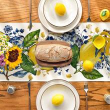1pc Lemon Print Chinese Style Table Runner, Blue & White Floral Rectangular Tablecloth, Summer Kitchen Dining Room Home Decor - Yellow - View 3