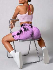 NcmRyu 1pc Women High Waist Seamless Elastic Tie-Dye Sports Fitted Shorts - Pink - View 6