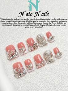 10片手工制作的Y2K鸭嘴造型法式美甲贴片，饰有水钻、蛇、花、行星和星星图案，裸色和白色可选，适合女性和女孩，可用于派对、婚礼和日常佩戴，附赠工具包，是送给女士的绝佳礼物。 - 彩色 - 查看 2