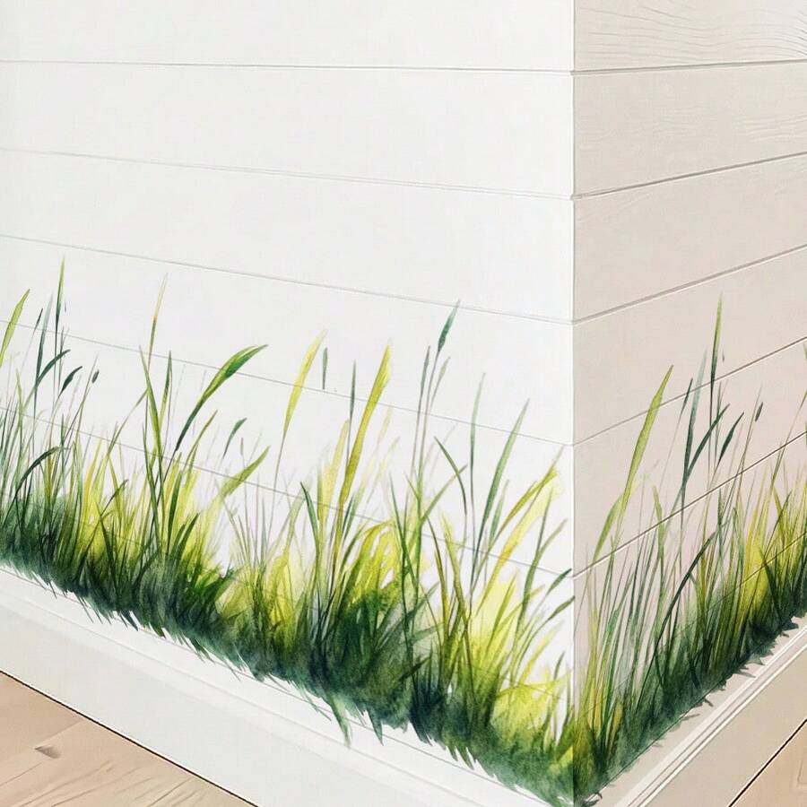 Watercolor Green Grass And Reed Baseboard Wall Stickers, Removable Self-Adhesive Waterproof PVC Decals, Suitable For Living Rooms, Bedrooms, And Farmhouse-Style Home Decor. - Wall Stickers - View 1