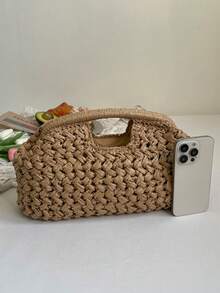 BEIKAMU 新款手工草编手提包，镂空沙滩包，休闲大容量女包 - 棕色 - 查看 6
