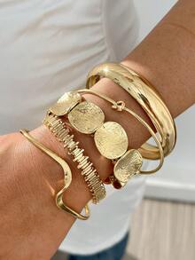 5pcs Vintage Exaggerated Luxurious Geometric Design Wide Metal Gold Bangle Set, Suitable For Daily Wear And Gift - Gold - View 1