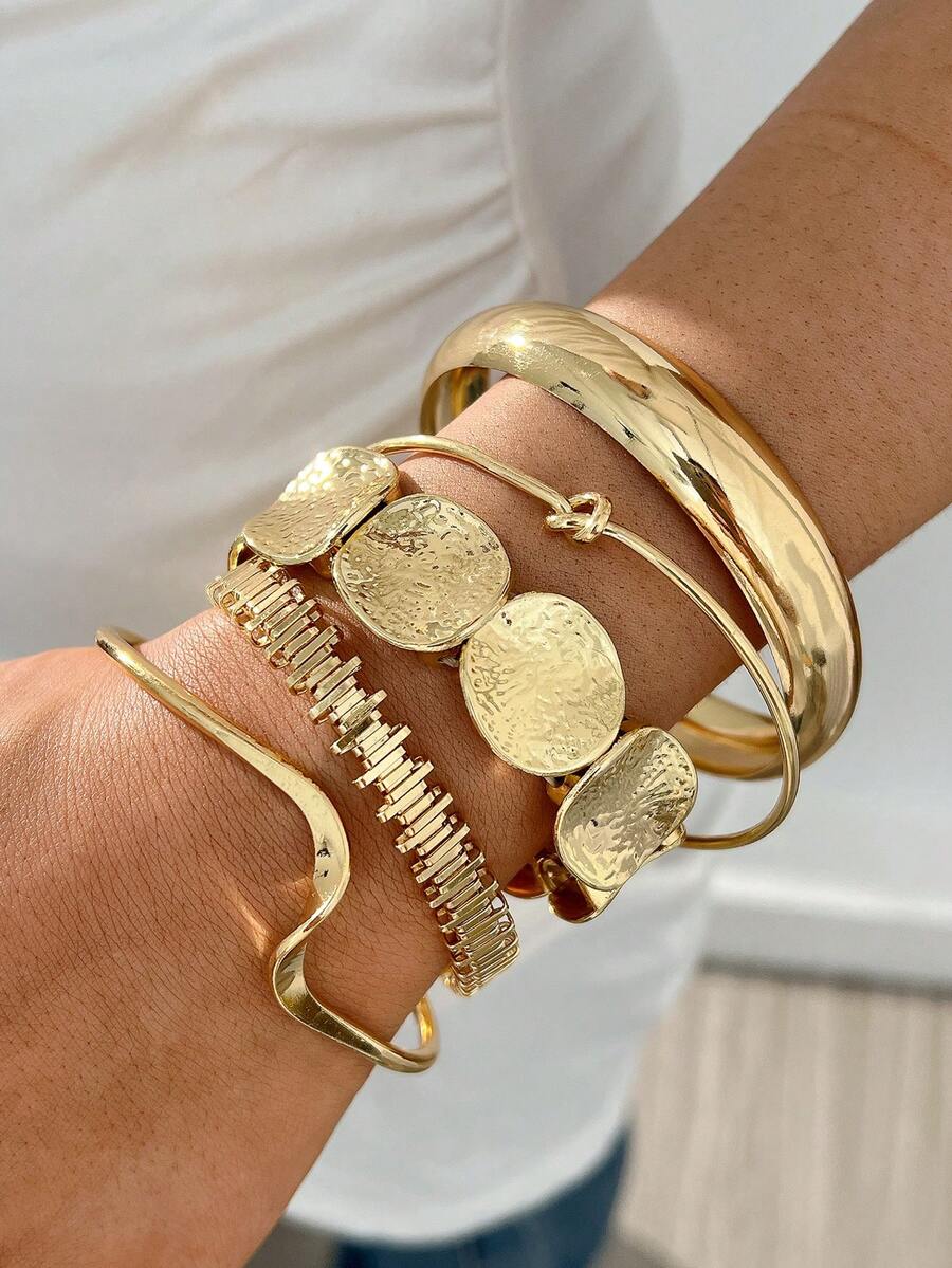5pcs Vintage Exaggerated Luxurious Geometric Design Wide Metal Gold Bangle Set, Suitable For Daily Wear And Gift - Gold - View 1