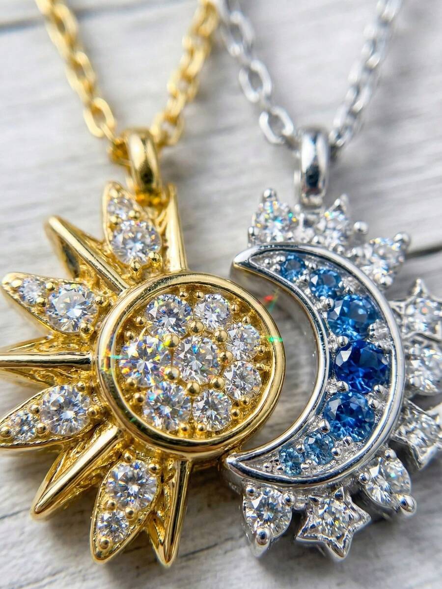 Sun Moon Magnetic Couple Necklace Set, Gold Silver CZ Crystal Matching Pendant Jewelry For BFF - 金銀色 - 查看 1