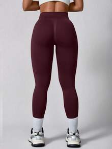 1pc Women's Solid Color Ribbed High Waist Seamless Elastic Outdoor Sports Pants - Burgundy - View 9