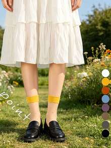 4 pares de calcetines transparentes de estilo retro francés con lunares, calcetines ultradelgados de media pantorrilla para mujer, pantimedia transpirable y de moda, esencial para el trayecto y las citas de primavera/verano - Multicolor - Ver 9