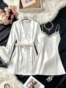 2pcs Satin Comfortable Pajamas Set, Adjustable Strap Lace Patchwork Nightgown With Feather Trim Satin Belt Robe, Women Sexy Solid Color Sleepwear Robe Set - White - View 7