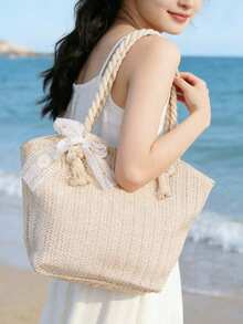 Bolso de playa de paja de gran capacidad con estilo para vacaciones de verano, bolso de hombro casual y de moda - Beis - Ver 4