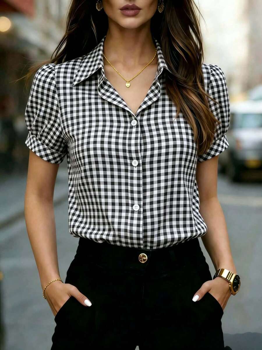 Women's Short Sleeve Plaid Shirt, Casual Business Collar Top, Suitable For Office, Work, Home, Daily, Spring, Autumn, Summer - Black and White - View 1