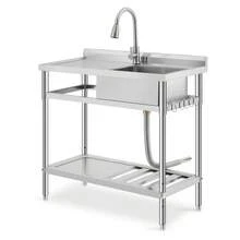 Lavabo utilitario independiente de acero inoxidable – Con uno o dos tazones y grifo – Tablero de drenaje, estantes de almacenamiento, patas ajustables a prueba de óxido – Para restaurante, cocina, lavandería, uso interior y exterior - Plataforma izquierda, lavabo individual derecho (con grifo) - Ver 1