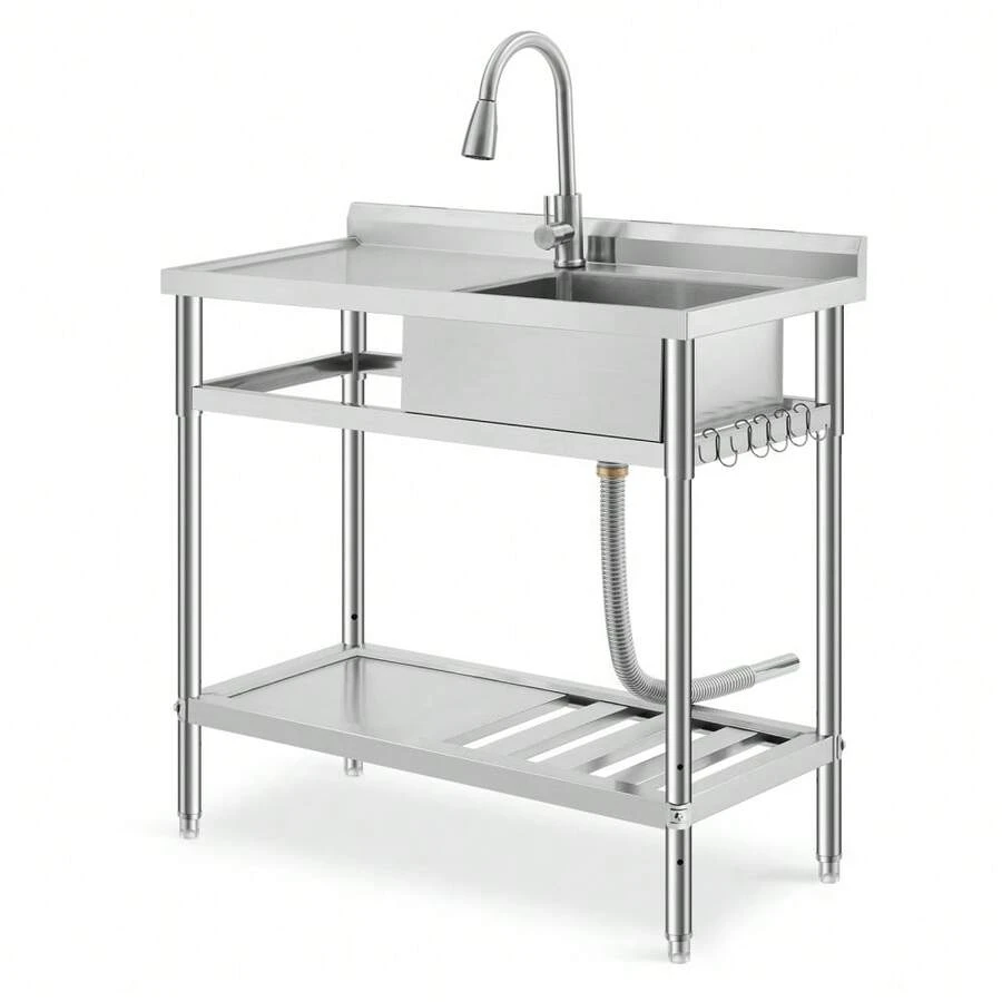 Lavabo utilitario independiente de acero inoxidable – Con uno o dos tazones y grifo – Tablero de drenaje, estantes de almacenamiento, patas ajustables a prueba de óxido – Para restaurante, cocina, lavandería, uso interior y exterior - Plataforma izquierda, lavabo individual derecho (con grifo) - Ver 1