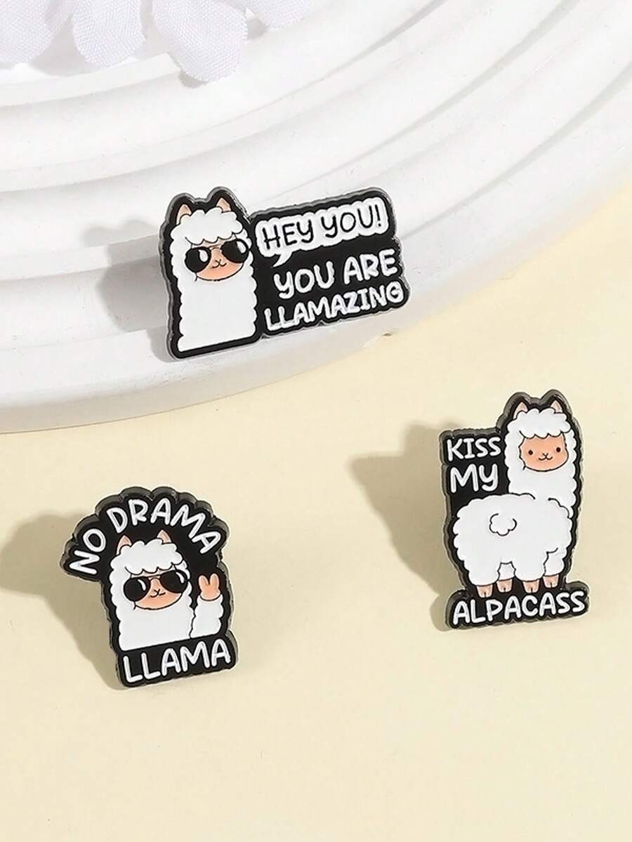 1 bộ ghim cài áo tráng men "Kiss My Alpaca", ghim cài áo hoạt hình lạc đà Alpaca dễ thương & biểu tượng hòa bình, quà tặng cho bạn bè - Đen và trắng - Xem 1