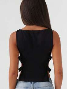 Women's Summer Tank Tops Solid Color Sleeveless Boat Neck Side Buckle Slim Fit Vest - 黑色 - 查看 4