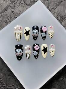 Handmade Reusable False Nails, Summer Style, 3D Wearable Nails, Y2K Fashion, Almond Shaped Nails, Black & Cream Polka Dot & Star Pattern Design, Cute Cartoon Face & Button Decor, Sweet False Nails With Musical Note & Bow Details, Casual Japanese Manicure Style, Reusable Press-On Short Nails - Multicolor - View 8
