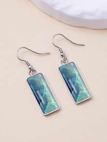 1 Pair Gradient Blue & Green Starry Sky Pattern 316 Stainless Steel Earring Hooks, Brilliant Minimalist Style Suitable For Women's Daily Wear And Gifts, Elegant Minimalist Jewelry Earrings Suitable For Women's Daily And Vacation Wear - Turquoise - View 5