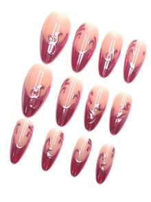 24 piezas de uñas postizas con diseño floral 3D en color rojo rosa con baño de oro, de forma almendrada y asimétrica, adecuadas para el trabajo, uso diario, fiestas, vacaciones, reutilizables con accesorios incluidos - Rosa Roja - Ver 3