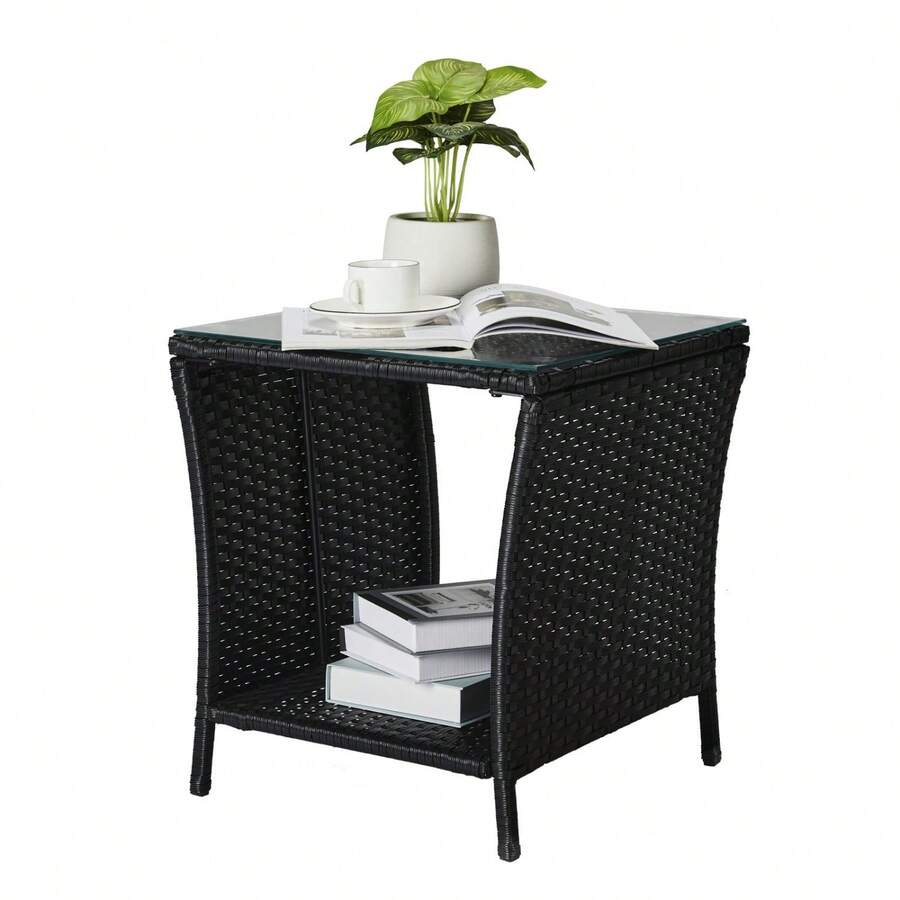 Small Garden Table, Rattan Patio Table With Glass Top & Shelf Under, Weatherproof For Indoor Outdoor, 46x46x50cm Brown - Black - View 1