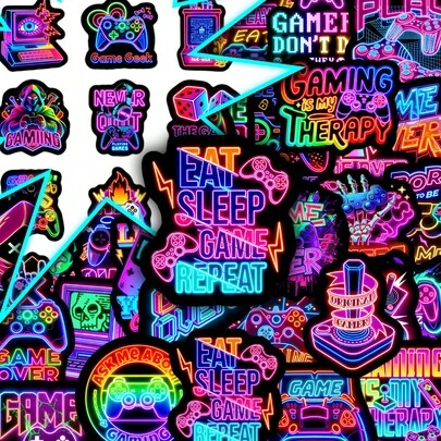 50pcs Cartoon Neon Gaming Graffiti Stickers, Creative Decals For Tablet, Sketchbook, Mirror Decoration