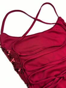 UNITHORSE [Random Cut] Spaghetti Strap Tie Waist Sequin Embellished Elegant Evening Dress - Burgundy - View 8