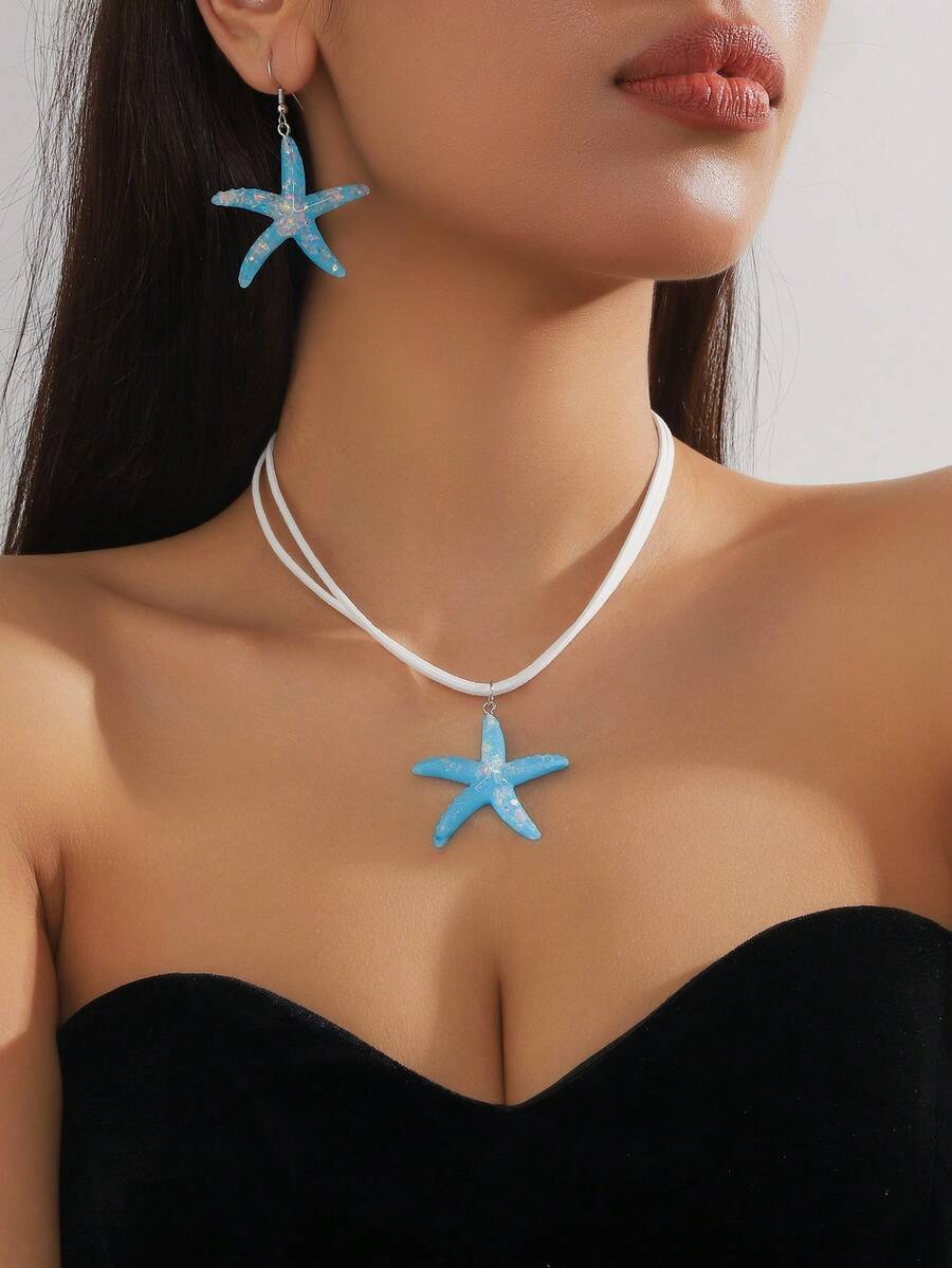 1 Set Of 3pcs Minimalist Fashion Five-Pointed Star Pendant Necklace, Exaggerated Starfish Earrings, Personalized Jewelry Set For Women - Blue - View 1