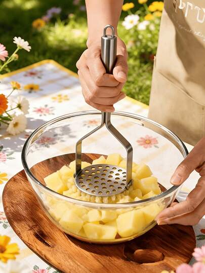 1 pieza Machacador de patatas de acero inoxidable, machacador de alimentos manual, procesador de alimentos para bebés, duradero y fácil de limpiar - Apto para alimentos y frutas, machacador de mano para hacer puré de batatas, artículo esencial de cocina, machacador de frutas | Machacador manual | Machacado eficiente, utilizable en las 4 estaciones