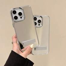 Minimalist Fashionable Functional Mirror Phone Case With Foldable Stand, Scratch-Resistant Transparent Frame, Slim Design, Silver Mirror Phone Case Compatible With IPhone 16 Pro, Y2K Clean Girl Style - Clear - View 1