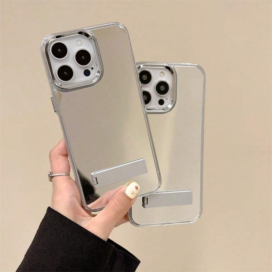 Minimalist Fashionable Functional Mirror Phone Case With Foldable Stand, Scratch-Resistant Transparent Frame, Slim Design, Silver Mirror Phone Case Compatible With IPhone 16 Pro, Y2K Clean Girl Style - Clear - View 1