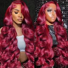 Uveous Pelucas de cabello humano con frente de encaje borgoña de 28 pulgadas y densidad del 180 % 99J, 13 x 4 HD, transparente, con ondas corporales, prearrancado, 99J, color vino tinto burdeos, sin pegamento, para mujeres - S99J - Ver 2