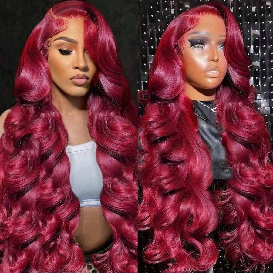 Uveous Pelucas de cabello humano con frente de encaje borgoña de 28 pulgadas y densidad del 180 % 99J, 13 x 4 HD, transparente, con ondas corporales, prearrancado, 99J, color vino tinto burdeos, sin pegamento, para mujeres