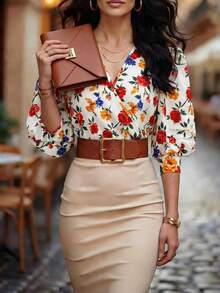 女士复古印花泡泡袖衬衫，优雅V领裹身休闲上衣，春夏时尚度假衬衫 白色 - 白色 - 查看 3