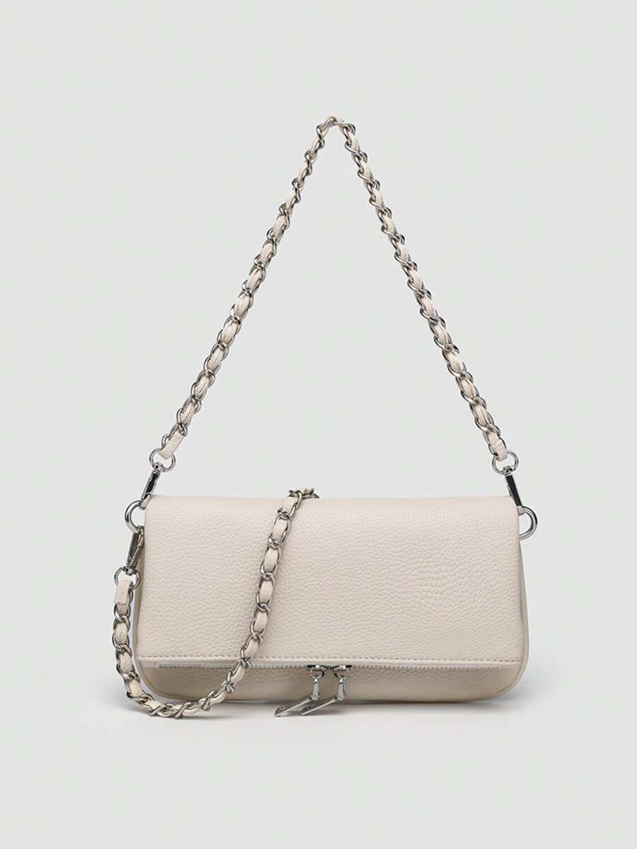 1pc Women's Chain Shoulder Bag, Crossbody Bag, Litchi Grain Underarm Bag With Chain, Minimalist Fashion Small Square Bag, Shoulder & Crossbody Bag With Detachable Strap - 象牙色 - 查看 1