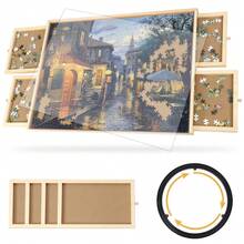Tablero de rompecabezas giratorio de madera con 4 cajones magnéticos y cubierta protectora – Mesa de rompecabezas de 1000 piezas para adultos y niños – Bandeja giratoria portátil, 22 x 30 pulgadas - Naranja - Ver 6