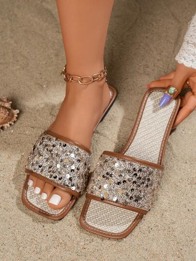 女士新款方头亮片装饰平底凉拖鞋，香槟色亮片露趾拖鞋，夏季休闲户外沙滩复古波西米亚法式简约平底凉鞋
