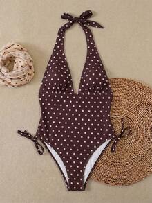 Traje de baño de una pieza elegante y sexy para mujer, color marrón con lunares redondos, escote en V y cordón ajustable, traje de baño de moda para verano, casual, playa, vacaciones y fiestas - Morado - Ver 3