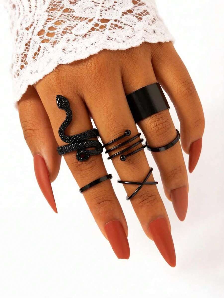 6pcs/Set Gothic Style Metal Layered Snake Skin/Wide Band/X-Shape Ring Set, Suitable For Women To Match Daily Outfits And Party, Jewelry Gift