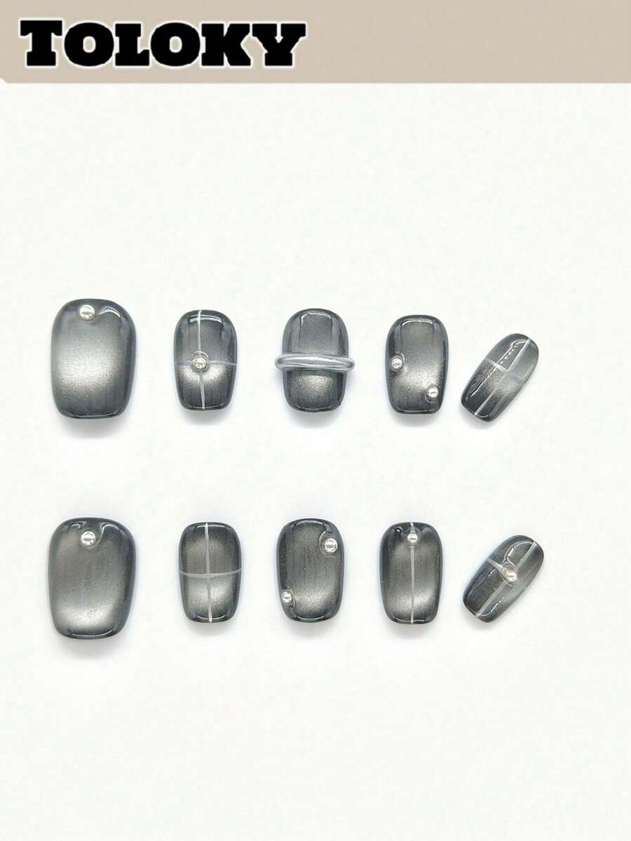 10pcs Handmade Press On Nails Short Nails Oval Nails Tips Black Pearl Simple Cat Eye With 3pcs Nail Art Tools Nail Glue Nail Supplies Fake Nails For Women And Girls To Party Travel Daily School Blend 3D Rhinestone Press On Nails Nail Supplies Nails Press On Nail Charms Press On Nails Short Fake Nails Nail Accessoriesnail Art - Multicolor - View 1