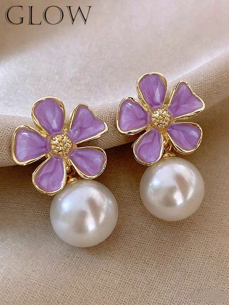 1 Coppia di orecchini vintage in stile francese minimalista con goccia d'olio viola e perla, adatti per l'uso quotidiano delle ragazze adolescenti - Viola - Visualizzare 1