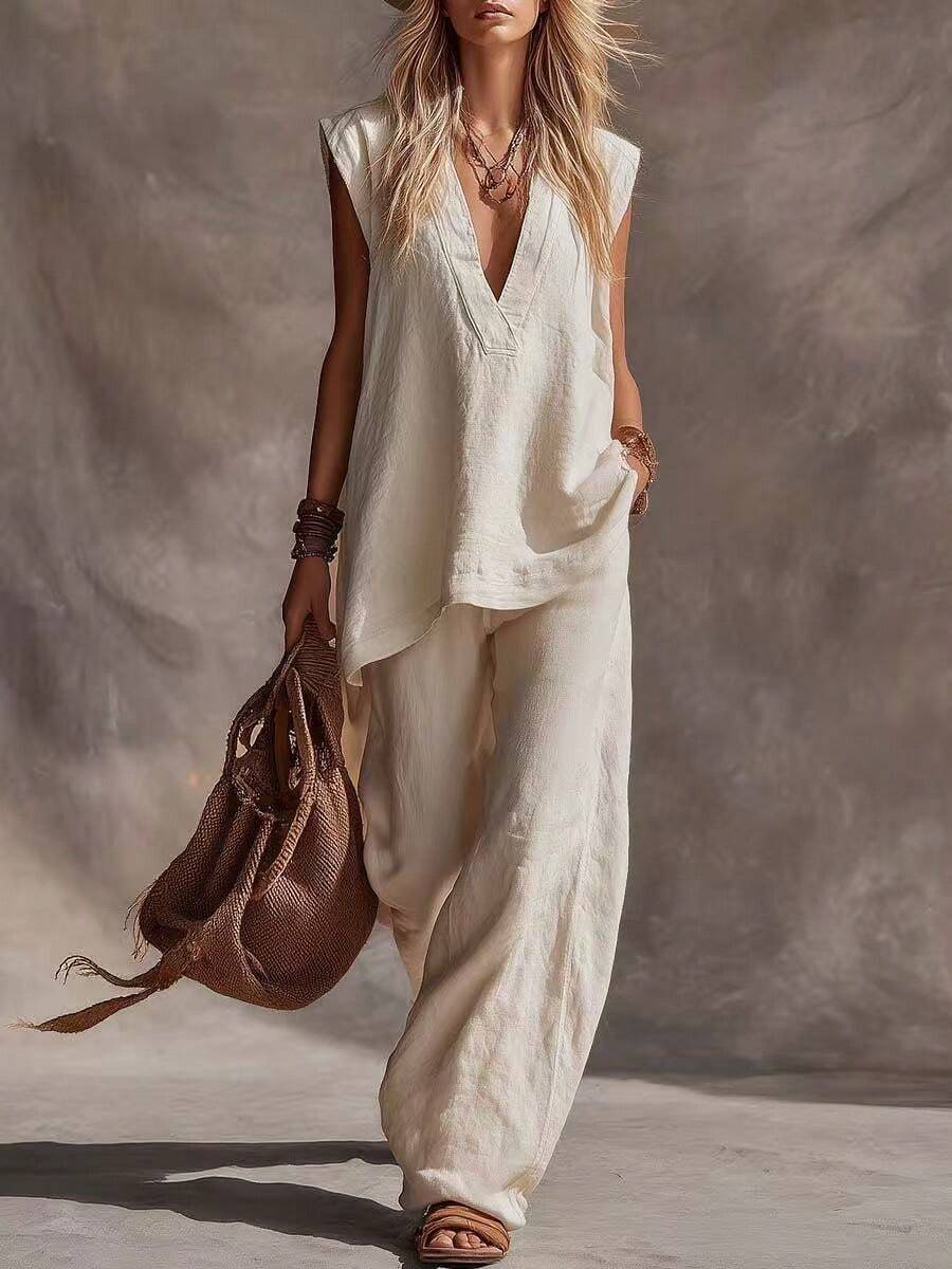 2026 Women's Spring/Summer New Vest With Side Pockets, Solid Color, Casual, Comfortable, Minimalist Linen Two-Piece Set - 杏色現貨 - 查看 1