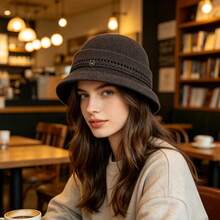 Women's Bucket Hat Hollow Knit Breathable Fisherman Cap Stylish Decorative Letter Detail Sun Hat - Brown - View 1