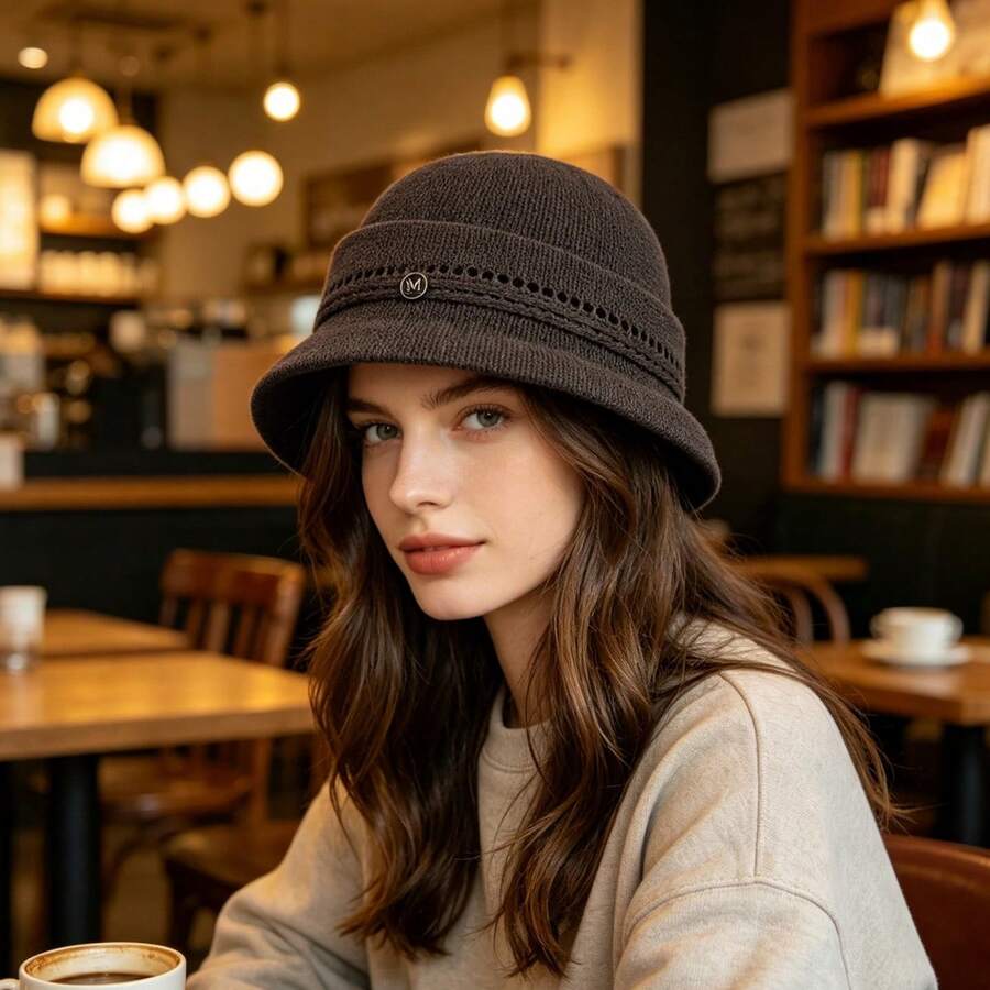 Women's Bucket Hat Hollow Knit Breathable Fisherman Cap Stylish Decorative Letter Detail Sun Hat - Brown - View 1