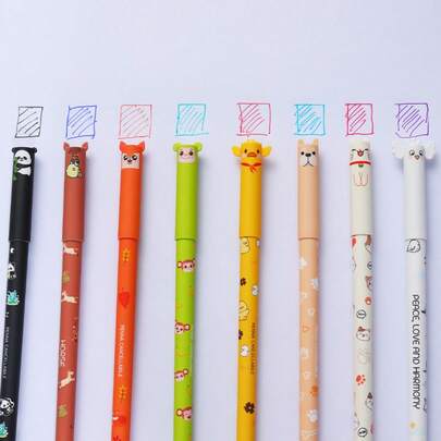 015125851-0002 8pcs Erasable Gel Pen, Using Heat-Sensitive Erasable Ink, Multiple Ink Colors, Pen Barrel Cartoon Animal Shape, 0.5mm Nib, Smooth Writing, Moisture-Proof And Not Easy To Fade, High Temperature Stability (Heat-Sensitive Type), Not Easy To Accidentally Erase, Comes With Eraser, School Supplies, Office Stationery, Suitable For Office Writing, Diary, Back-To-School Gift, Mother's Day Gift, Teacher Gift