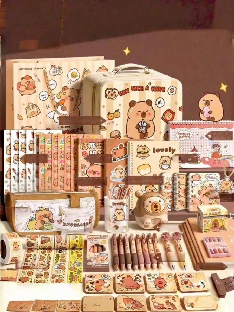 Conjunto de Papelaria com Tema de Rato-d'água - Inclui Caderno e Acessórios - Ideal para Estudantes e Amantes de Animais | Material de Escritório Adorável, Design Divertido | Caneta Esferográfica e Acessórios com Tema de Rato-d'água - Multicolorido - Ver 1