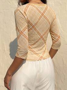 Retro American Style Mesh Plaid Square Collar Cropped Short Sleeve Top, Slim Fit & Sexy For Summer Spring - Khaki - View 6