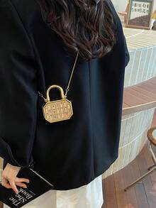 1个新款迷你金属小包，电镀银色零钱包，闪亮前卫金属不对称水钻手提包，钻石闪耀链条斜挎包，不对称手提包，配件收纳袋，优雅零钱包，耳机盒，婚礼配饰 - 香檳色 - 查看 10