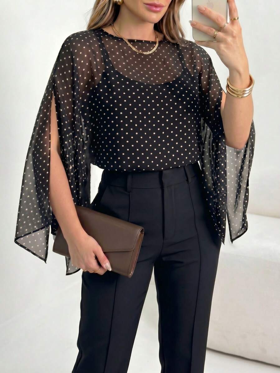 Women's Summer Black & White Polka Dot Sheer Coverup (Inner Garment Not Included), Flowing Chiffon Fabric, Gentle And Intellectual Style For Commuting, Dating, And Daily Outings - Black - View 1