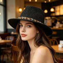 Women Straw Cowgirl Hat Decorative Bead Rope Western Hat Outdoor Beach Hat Holiday Summer Sun Cap - Black - View 4