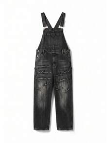 1Pcs Men's Vintage Distressed Baggy Denim Overalls, Loose Straight Leg Streetwear Jeans Jumpsuit, Unisex Casual Denim For Daily Wear - 黑色 - 查看 5