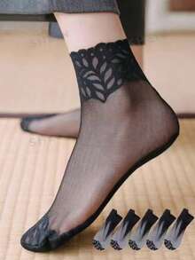 5 Pairs Women's Mesh Breathable Lace Short Socks, Spring/Summer - Black - View 4